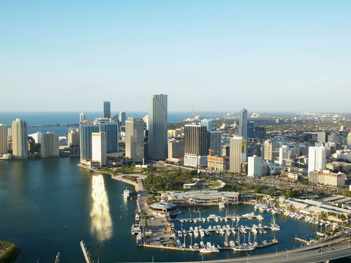 The image shows a city skyline with skyscrapers by the water, featuring a marina with boats and an expansive view of the area.